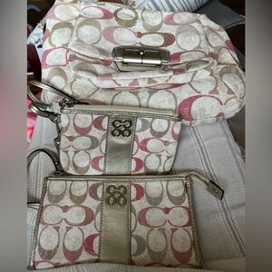 Coach “Julia” Signature bag Pink & Silver 3 piece set. Purse,Wallet,Change purse